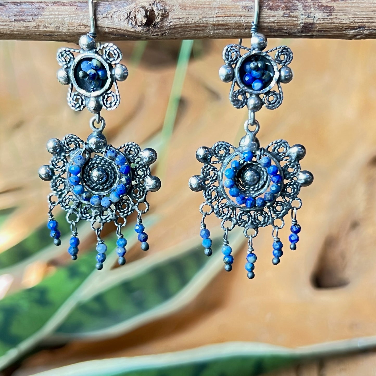 4cm Filigree  Silver Earrings with Lapiz Beads