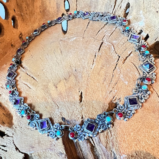 43cm 925 silver necklace with rectangular elements amethyst coral turquoise