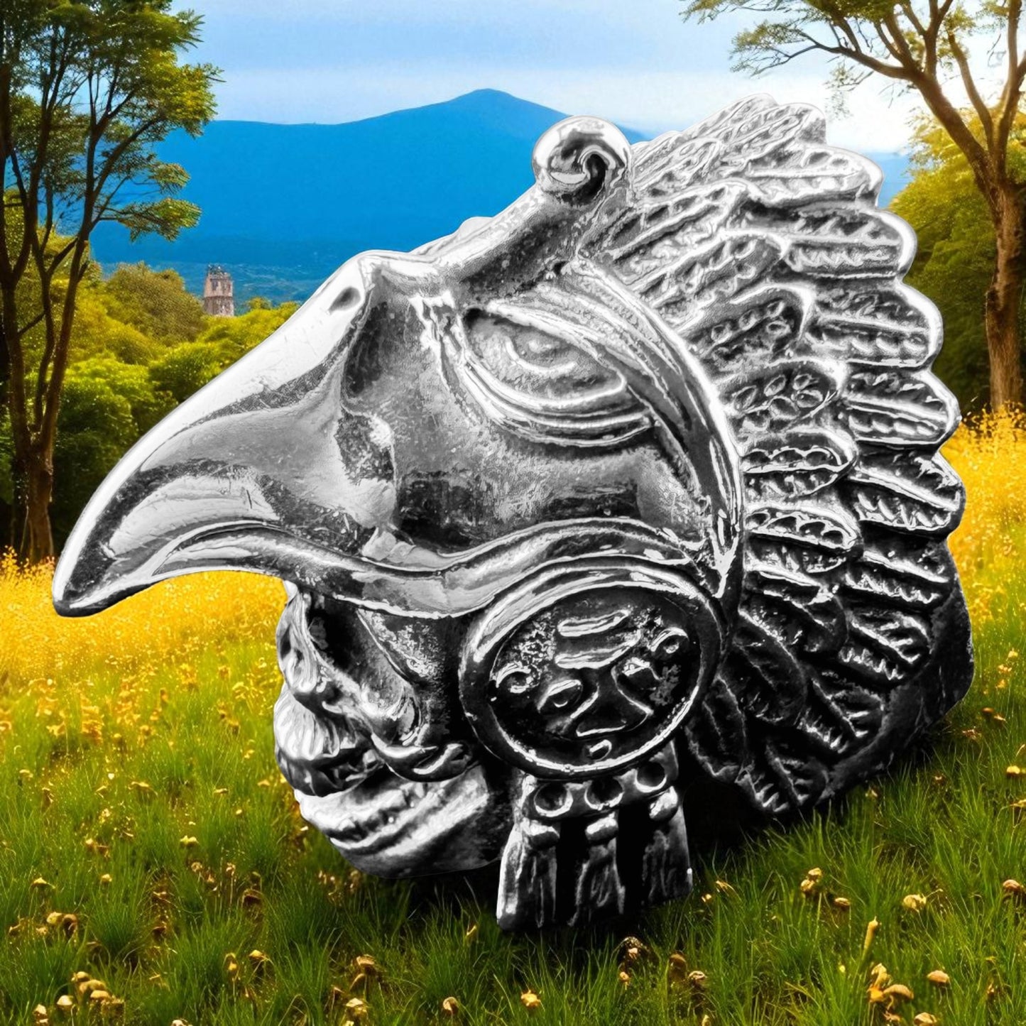 Size 12 Aztec Eagle Warrior 925 Silver Ring