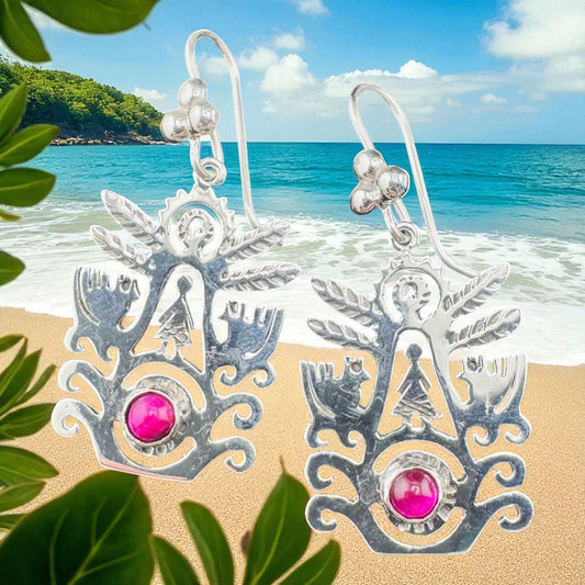 Arbol de Vida c/Piedra Rojo drop earrings