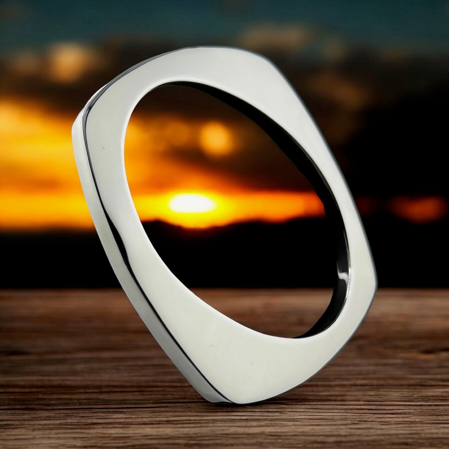 Sterling Silver .925 Bangle Bracelet 70mmx5mm Oval Inside NonSemmetric Faceted Smooth