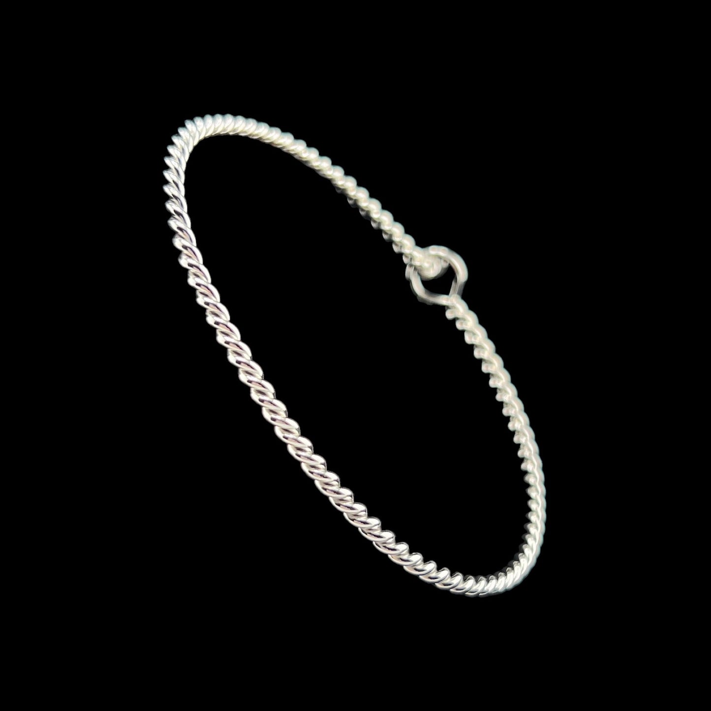Sterling Silver .925 Bangle Bracelet 70mmx1mm Rope w hook and loop Oval