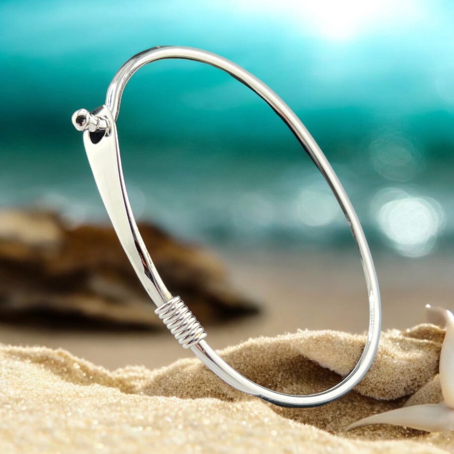 Sterling Silver .925 Bangle Bracelet 70mmx4mm Round Smooth with Hammered connection