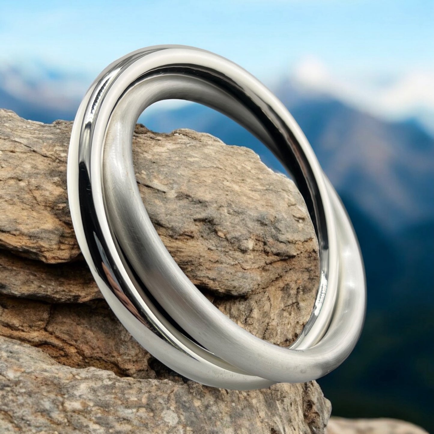 Sterling Silver .925 Bangle Bracelet 70mmx5mm Two Strand Smooth and Satin Finish