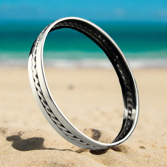 Sterling Silver .925 Bangle Bracelet 68mmx10mm Braid between two flat