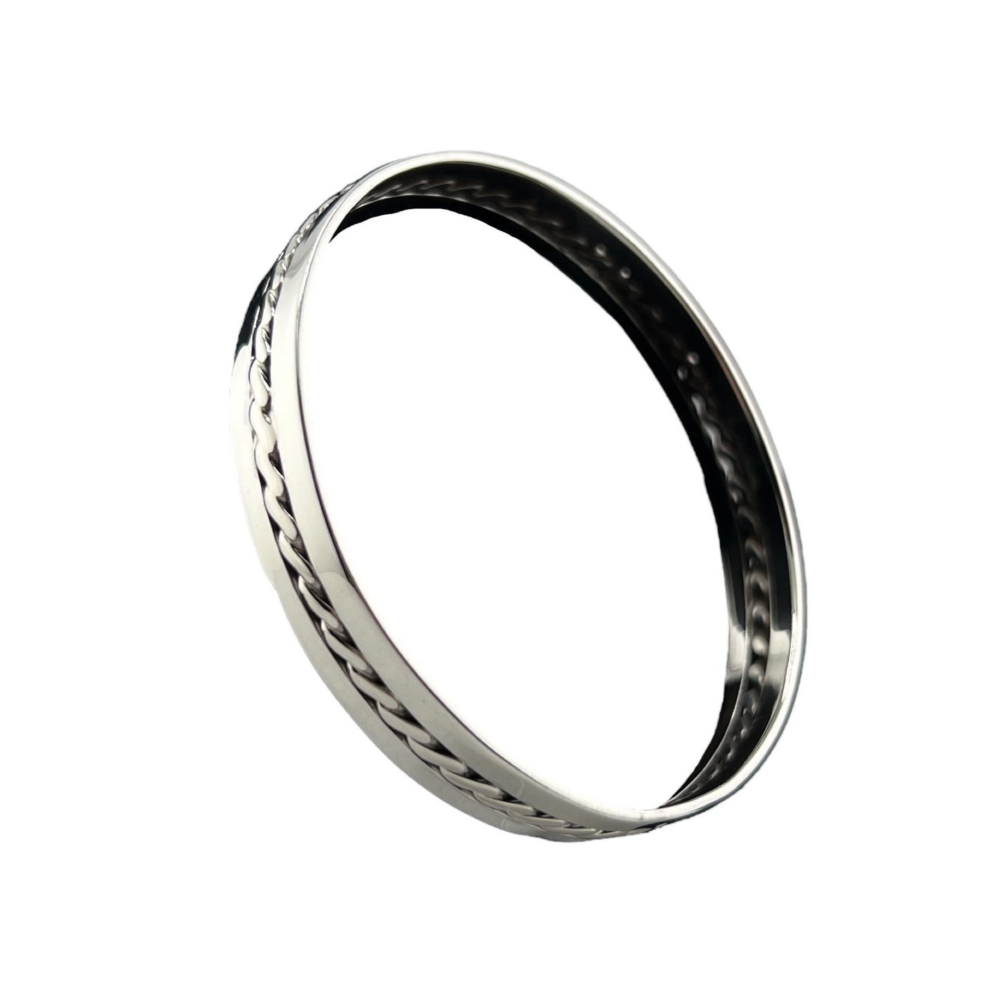 Sterling Silver .925 Bangle Bracelet 68mmx10mm Braid between two flat