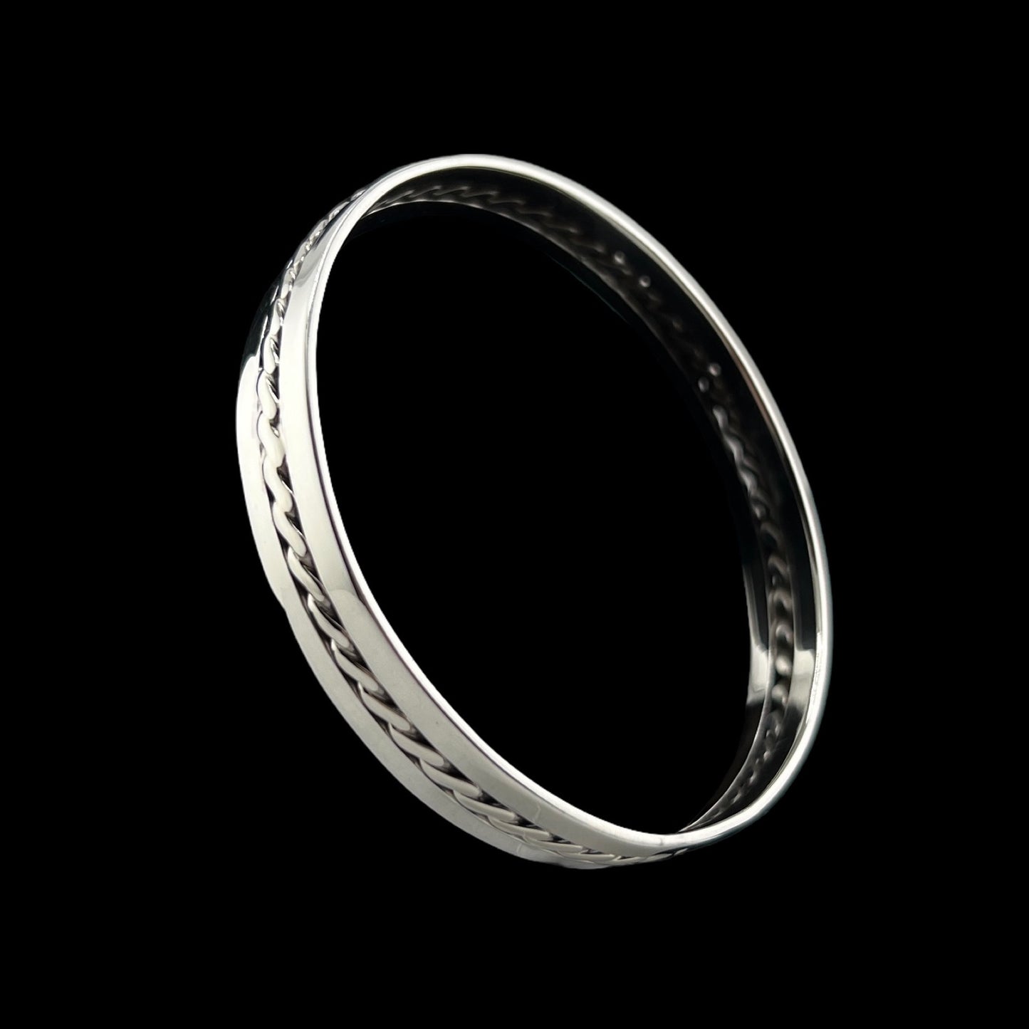 Sterling Silver .925 Bangle Bracelet 68mmx10mm Braid between two flat