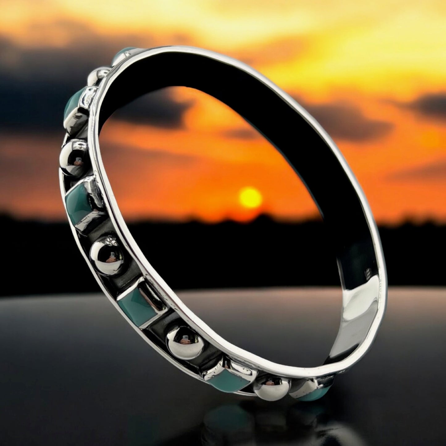 Sterling Silver .925 Bangle Bracelet 65mmx10mm Square Turquoise Round Silver Balls with Rustic back
