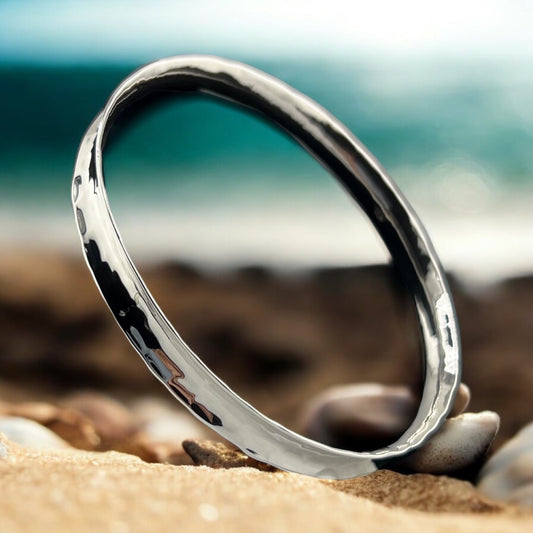 Sterling Silver .925 Bangle Bracelet 68mmx3mm Cupped Hammered