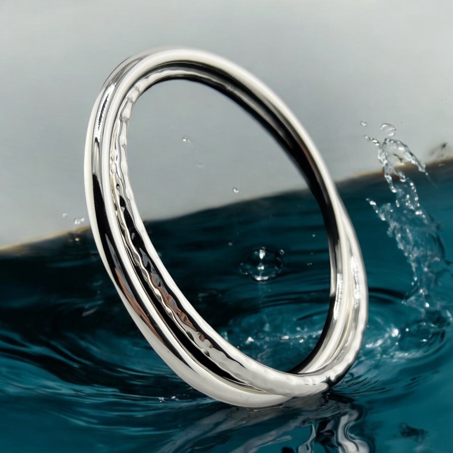 Sterling Silver .925 Bangle Bracelet 70mmx5mm Hammered and Smooth Two Band