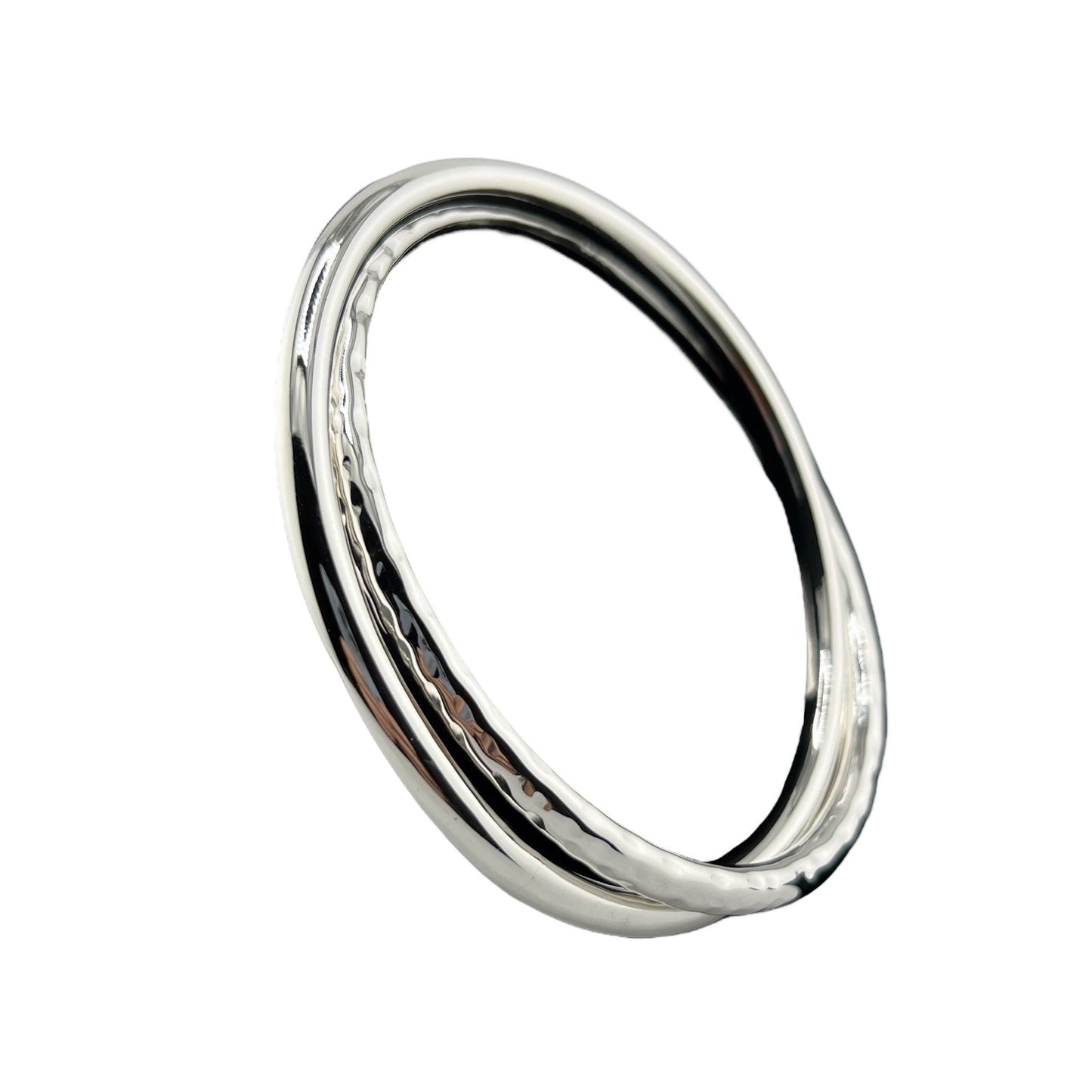 Sterling Silver .925 Bangle Bracelet 70mmx5mm Hammered and Smooth Two Band