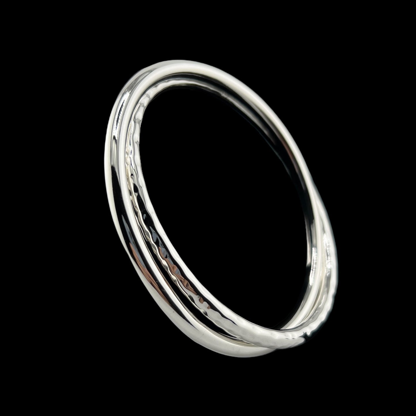 Sterling Silver .925 Bangle Bracelet 70mmx5mm Hammered and Smooth Two Band