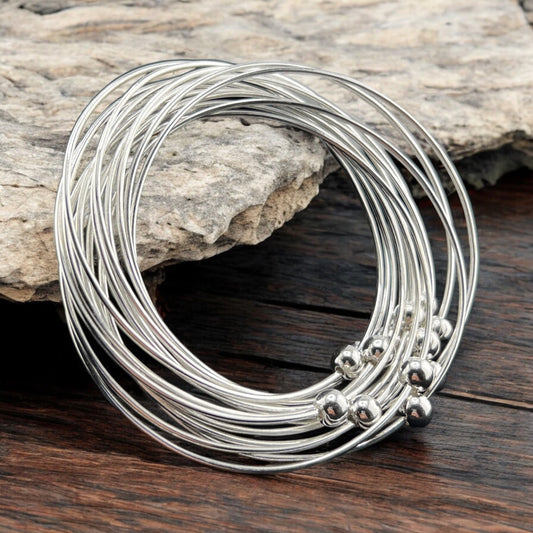 Sterling Silver .925 Bangle Bracelet 70mmx15mm 14 strand with Balls