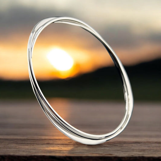 Sterling Silver .925 Bangle Bracelet 70mmx2mm Two Strand Undulating with Smooth Round