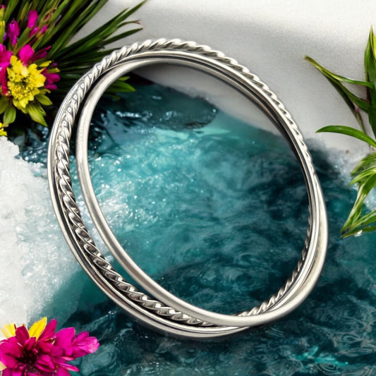 Sterling Silver .925 Bangle Bracelet 65mmx4mm w Strand Satin with Braid