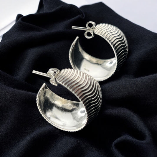 Sterling Silver .925 HOOP Post Earrings 20mmx13mm Wave Pattern