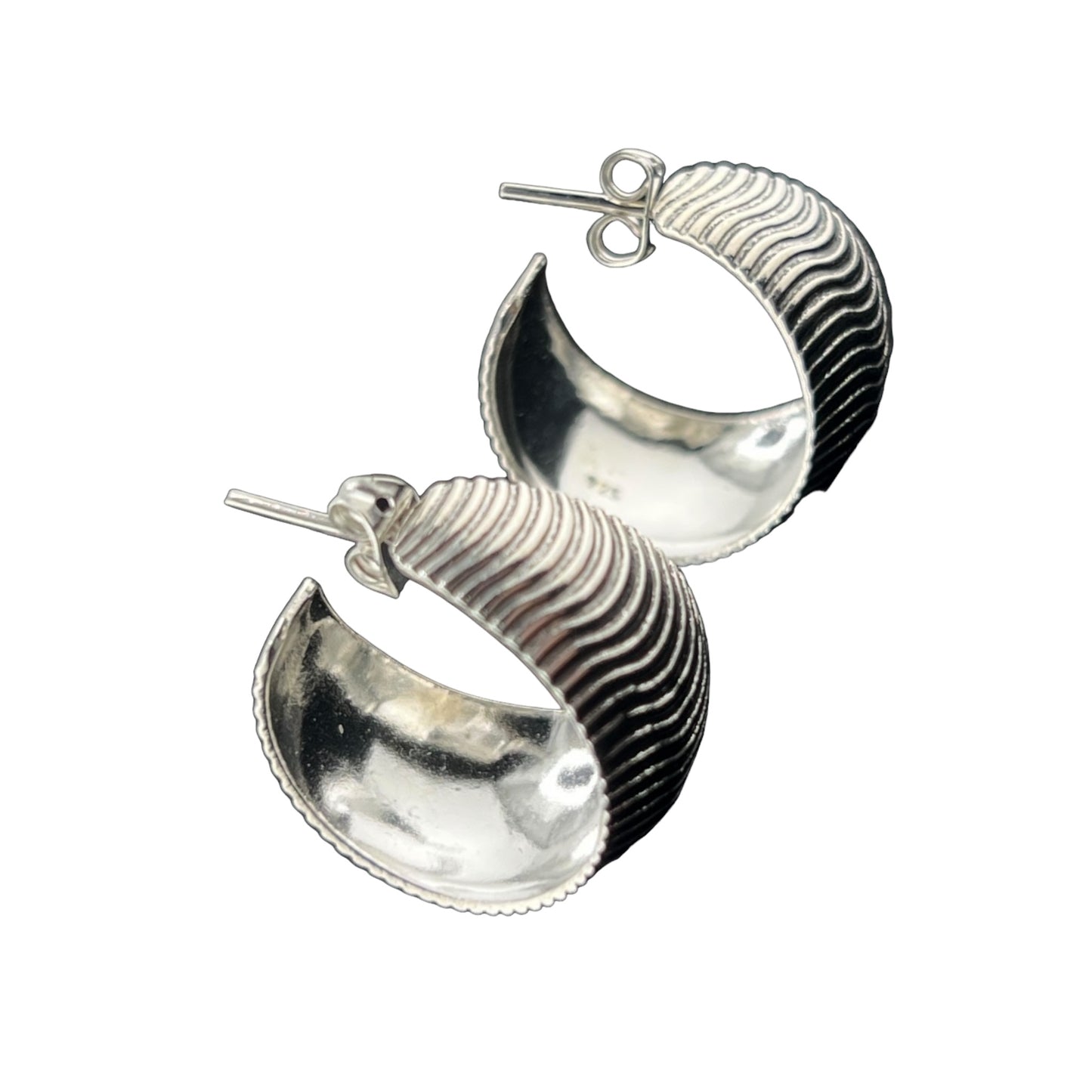 Sterling Silver .925 HOOP Post Earrings 20mmx13mm Wave Pattern