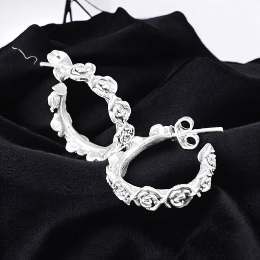 Sterling Silver .925 HOOP POST Earrings 20mmx5mm Floral Design