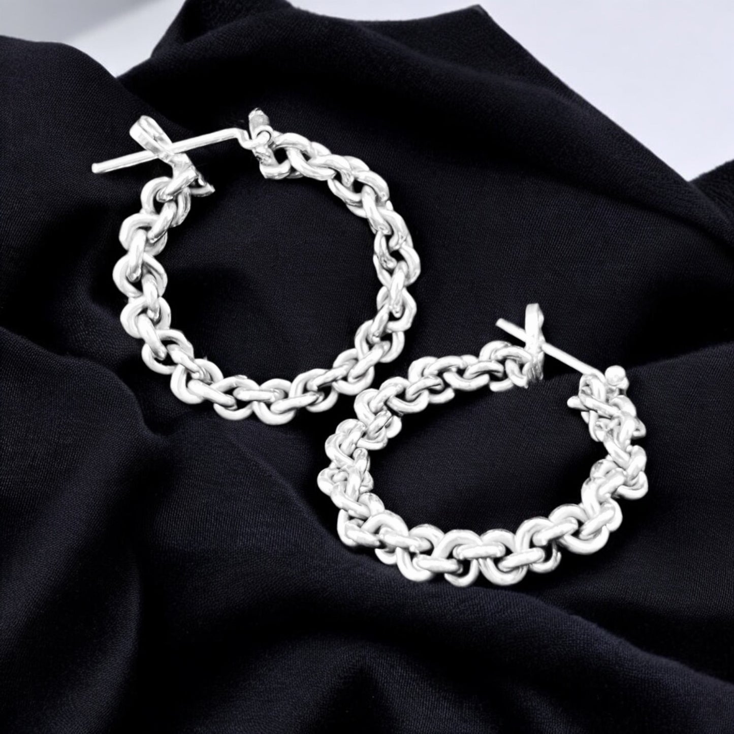 Sterling Silver .925 HOOP CLICK DOWN Earrings 25mmx3mm Chain Design