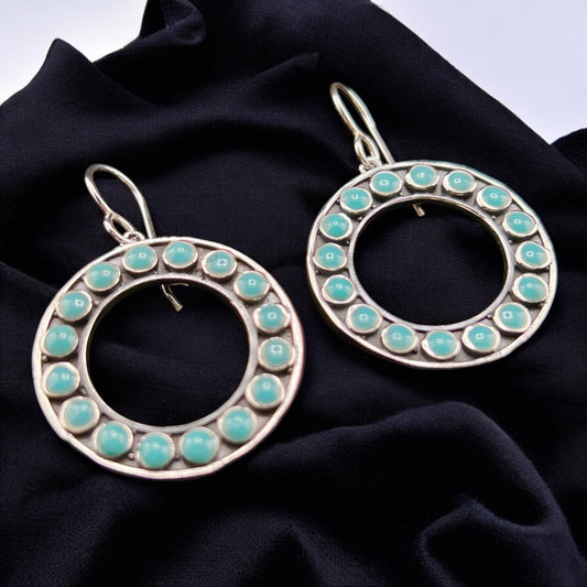 Sterling Silver .925 HOOP HOOK Earrings 25mmx3mm Round with round Turquoise