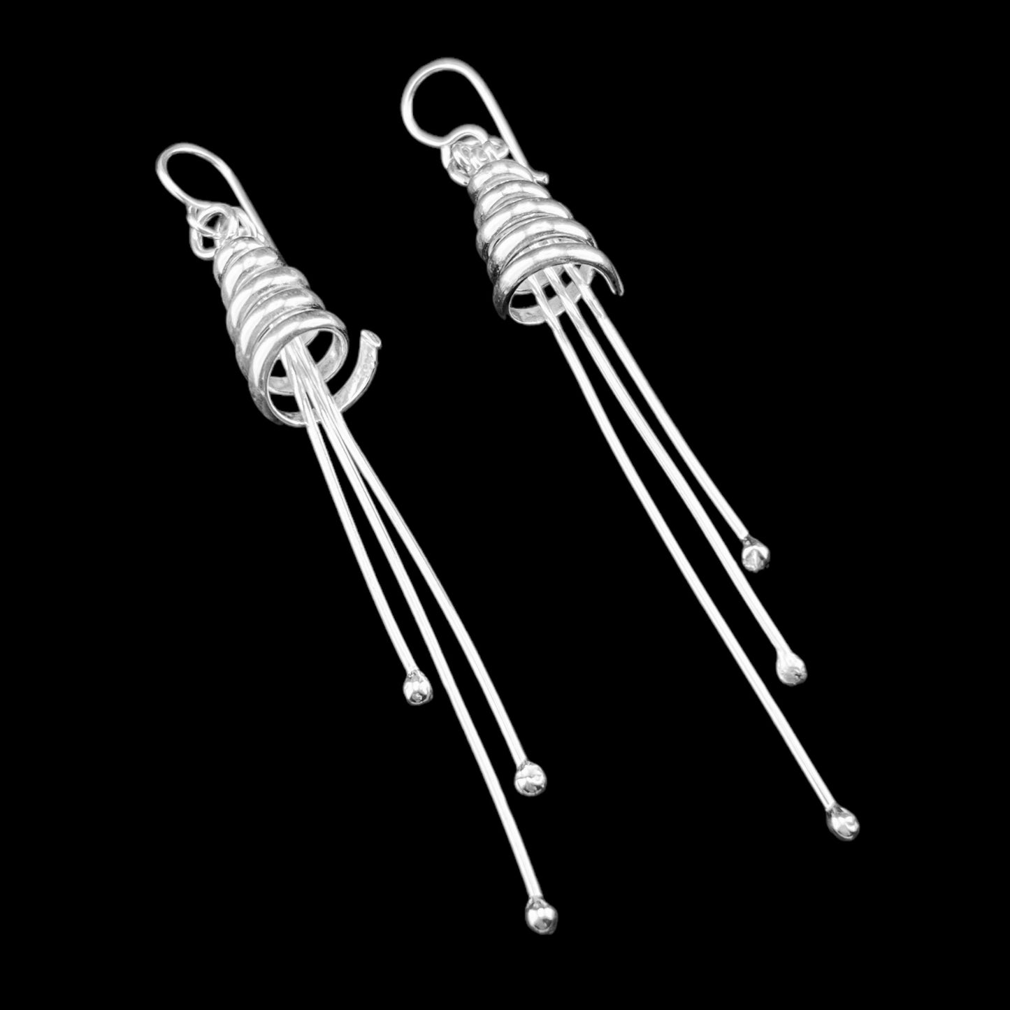 Sterling Silver .925 HOOK Earrings 10mmx90mm Wire Cone with Three Dangles