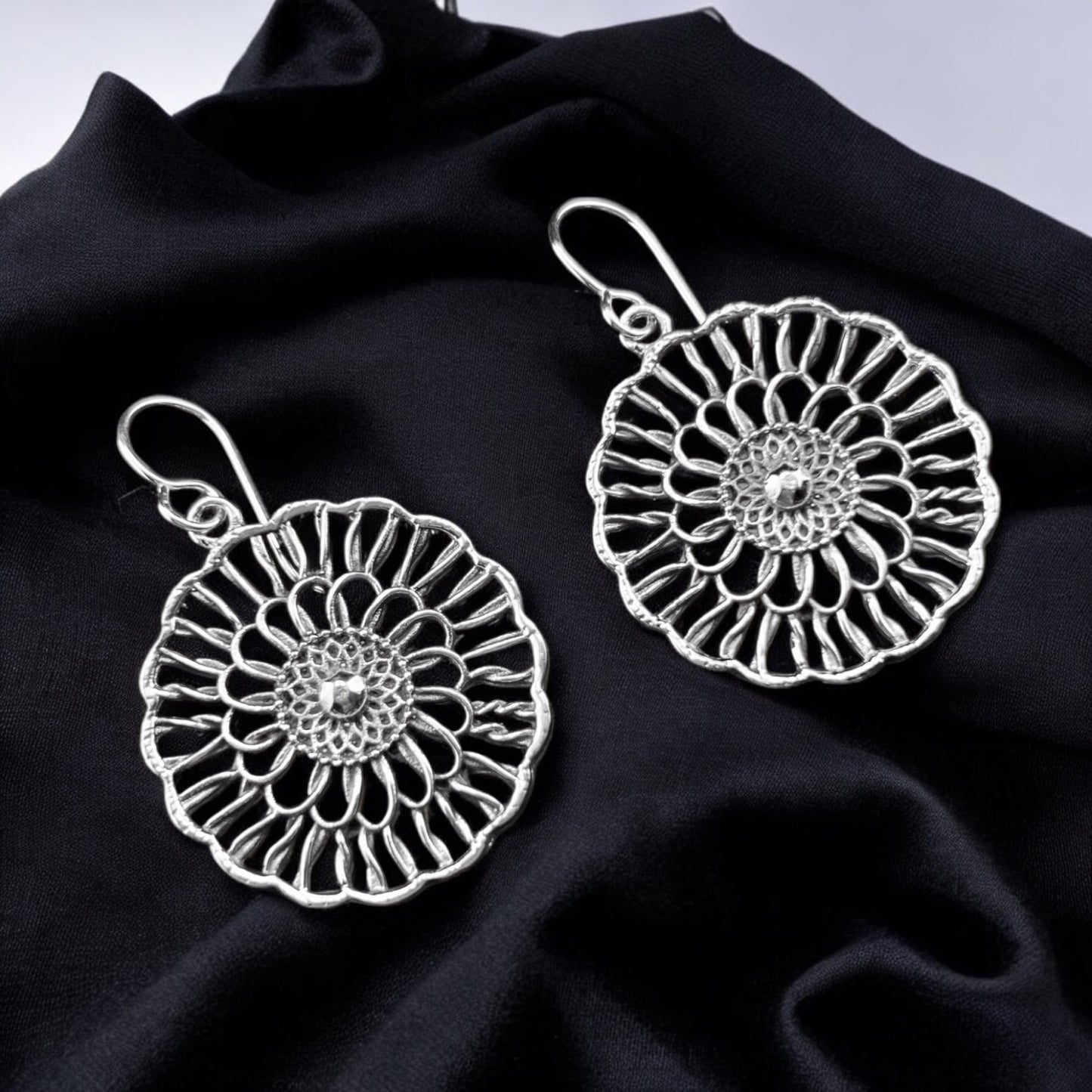 Sterling Silver .925 HOOK Earrings 28mm Floral