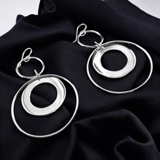Sterling Silver .925 HOOK Earrings 41mmx65mm  Circle in Circle