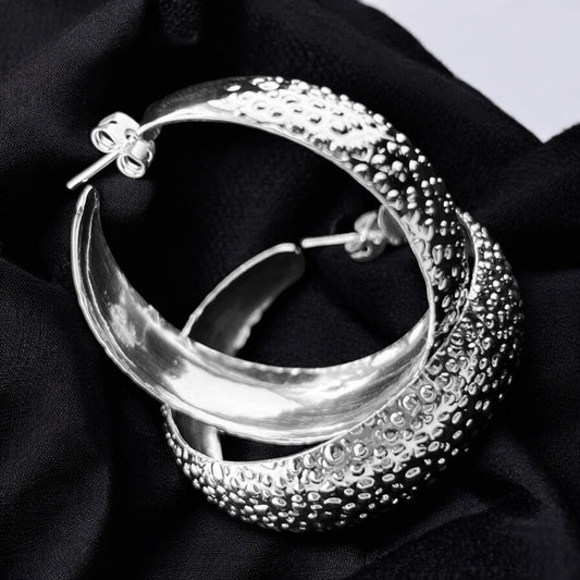 Sterling Silver .925 HOOP POST Earrings 40mmx14mm Embossed