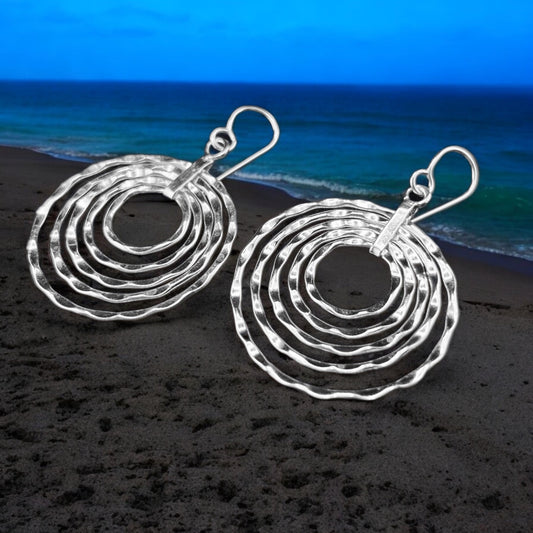 Sterling Silver .925 HOOP HOOK Earrings 6 Undulating Concentric Rings