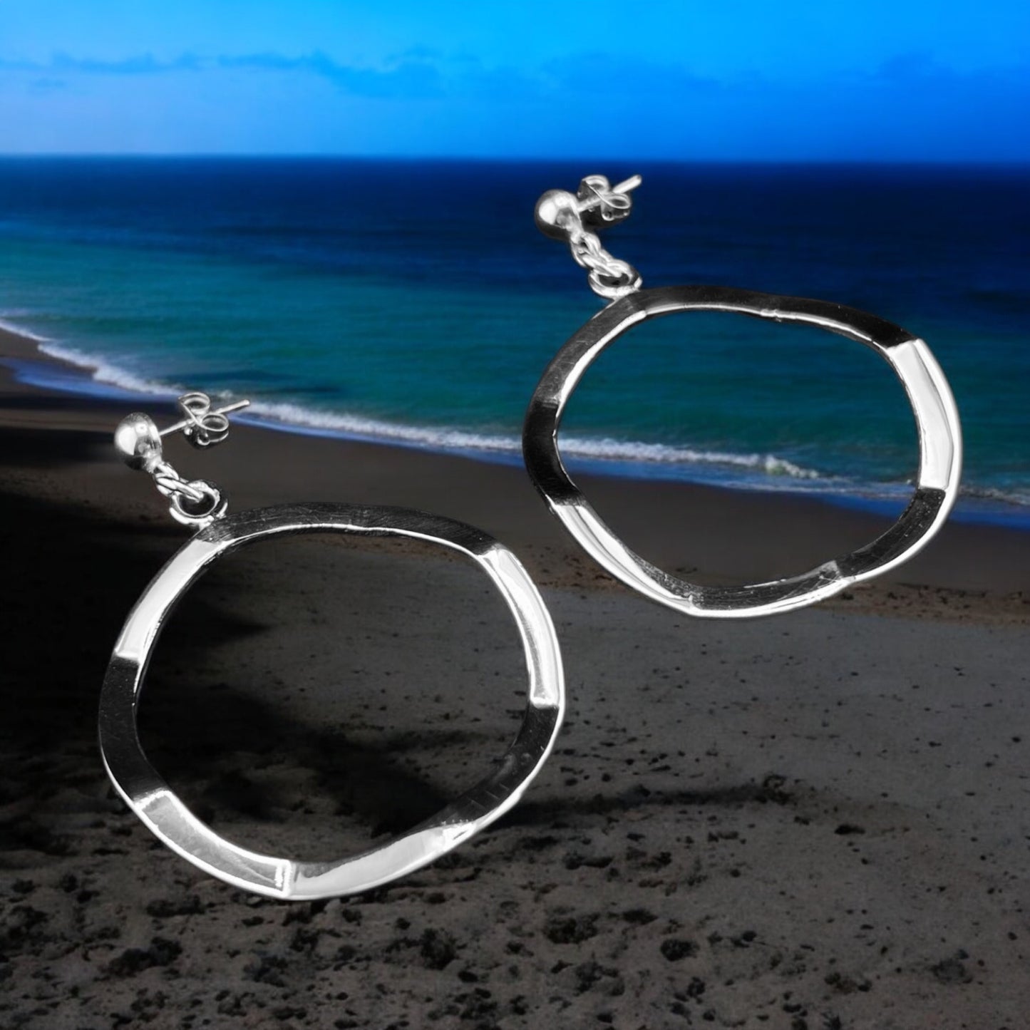 Sterling Silver .925 HOOP POST Earrings  50mm Smooth Undulating