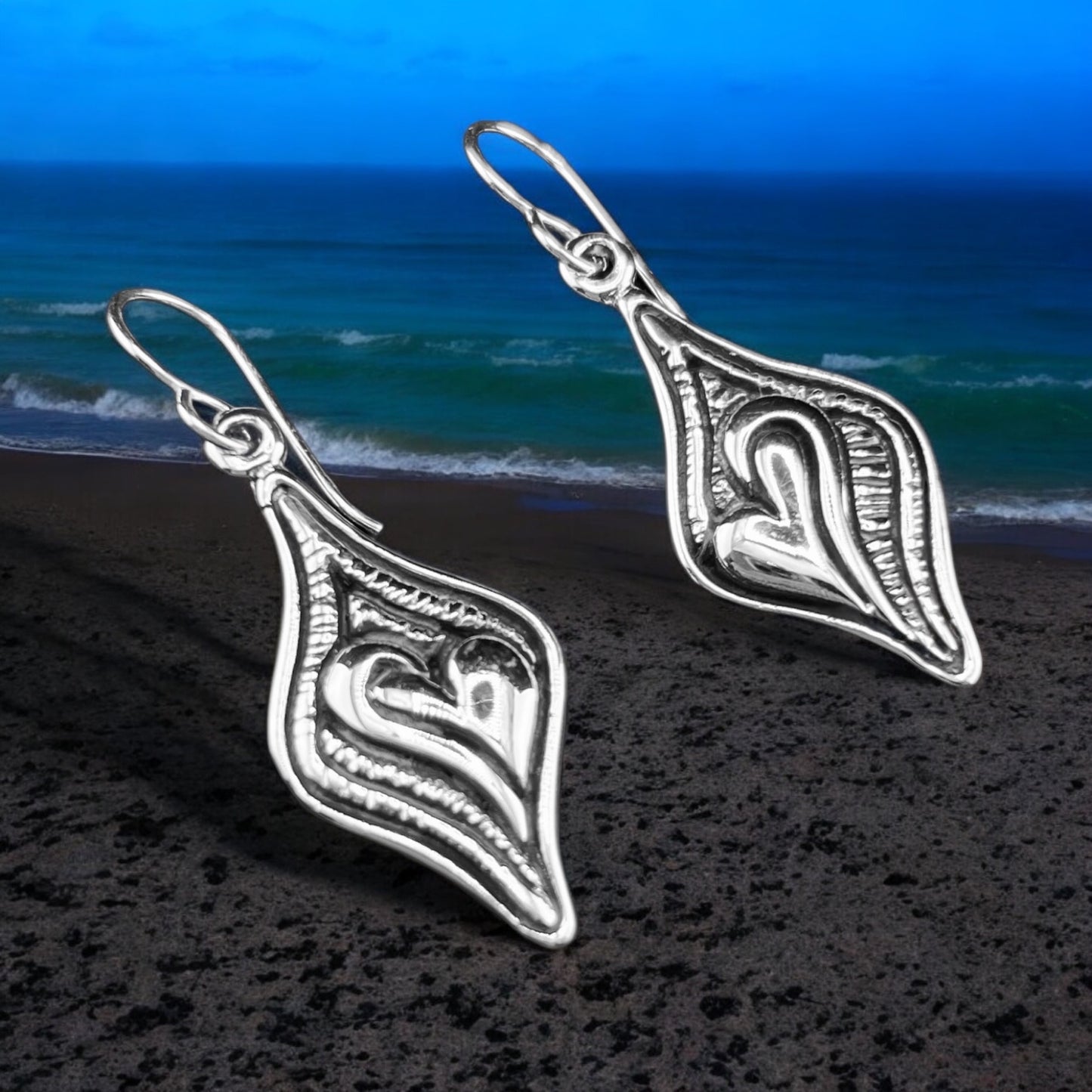 Sterling Silver .925 HOOK Earrings 15mmx30mm Heart