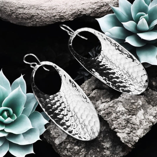 Sterling Silver .925 HOOK Earrings 23mmx63mm Cupped Hammered Oval