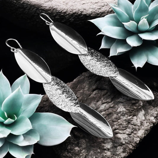 Sterling Silver .925 HOOK Earrings 15mmx75mm three dangle smooth and embossed