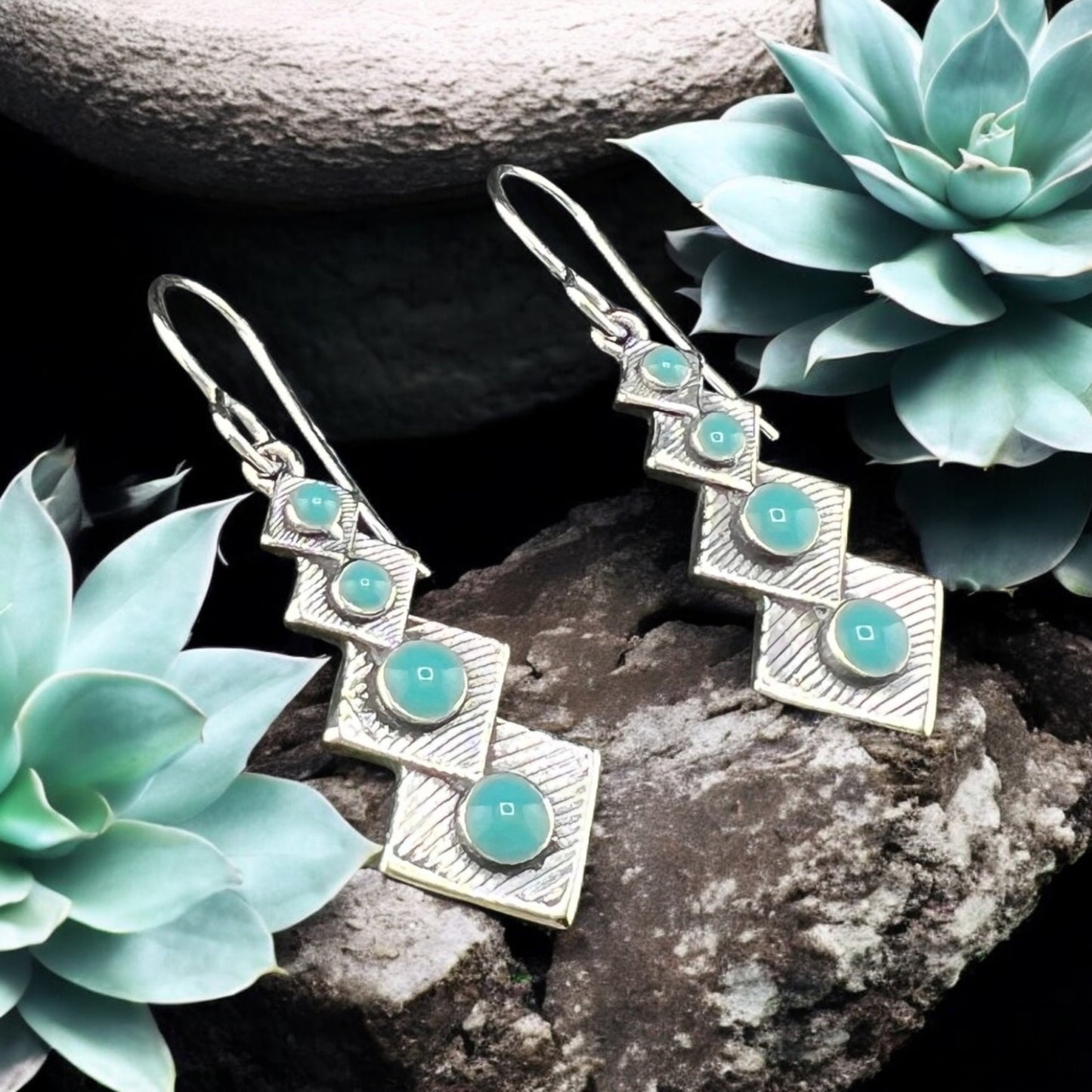 Sterling Silver .925 HOOK Earrings 11mmx30mm Quadruple Diamond with Round Turquoise Accents