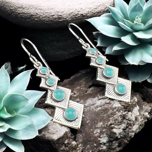 Sterling Silver .925 HOOK Earrings 11mmx30mm Quadruple Diamond with Round Turquoise Accents