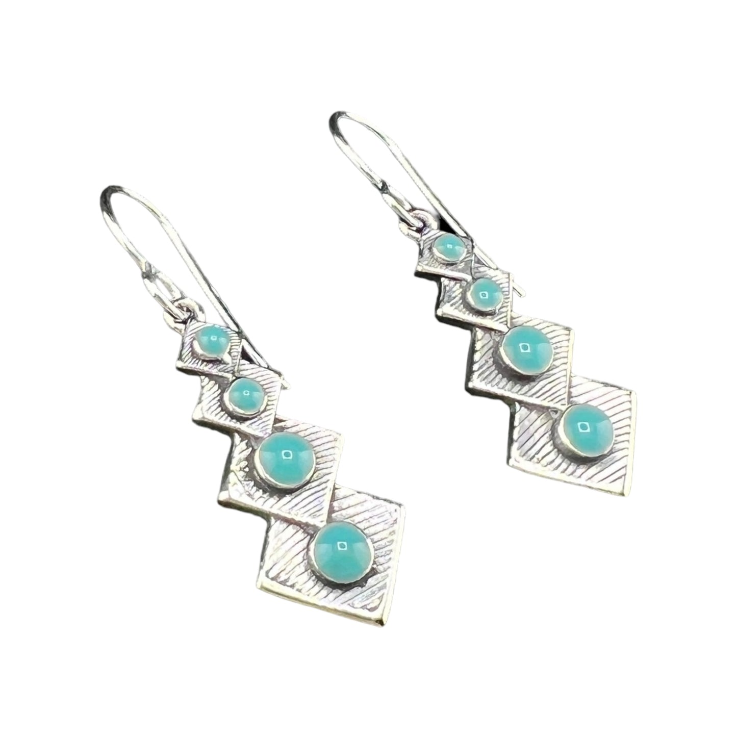 Sterling Silver .925 HOOK Earrings 11mmx30mm Quadruple Diamond with Round Turquoise Accents