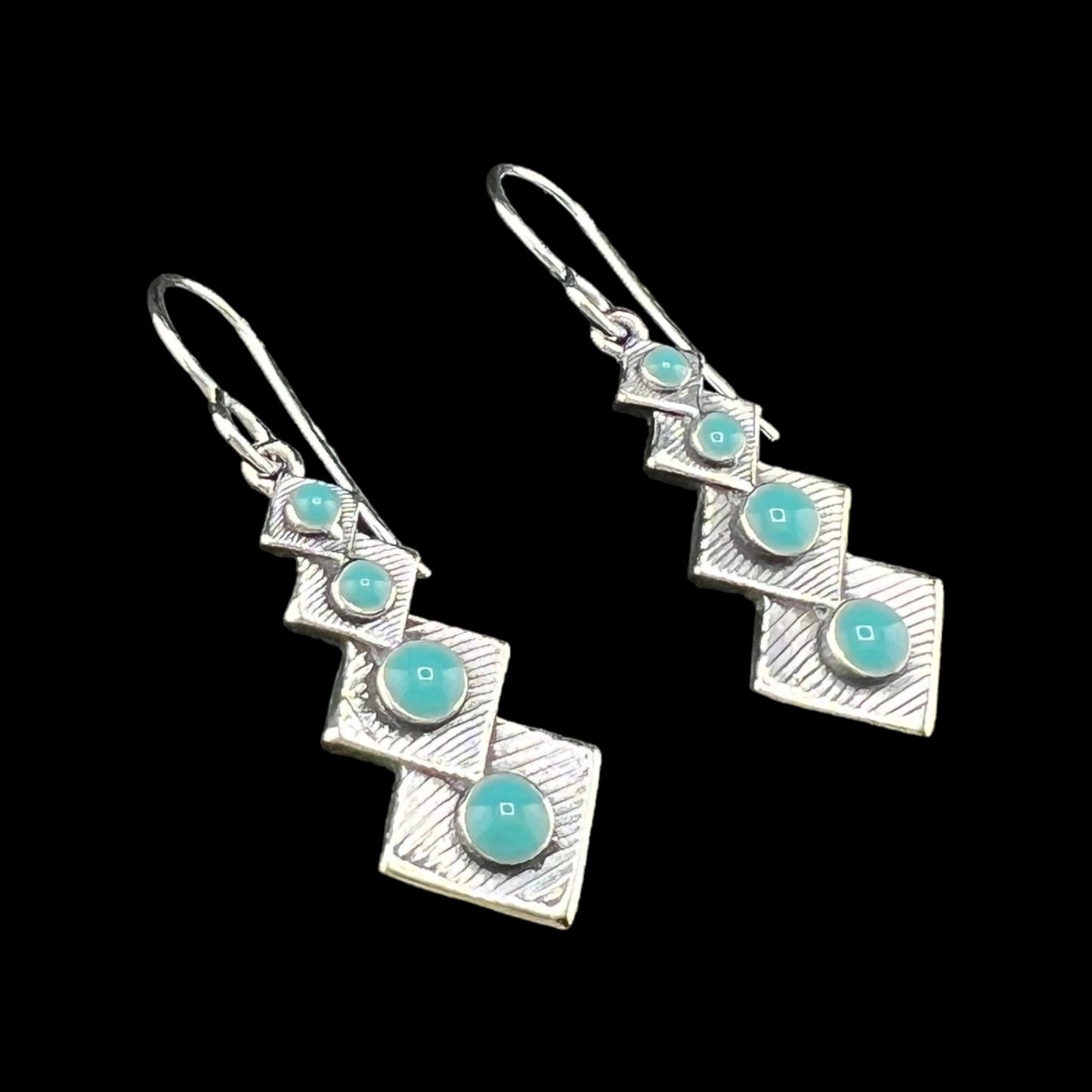 Sterling Silver .925 HOOK Earrings 11mmx30mm Quadruple Diamond with Round Turquoise Accents