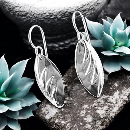 Sterling Silver .925 HOOK Earrings 7mmx22mm Leaf Front edge embossed