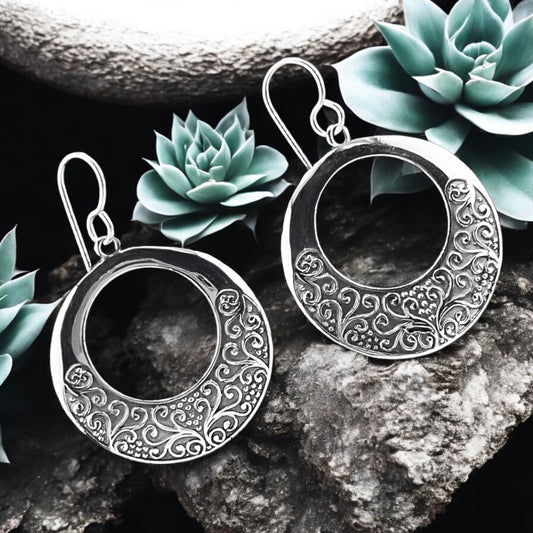 Sterling Silver .925 HOOK Earrings 30mmx32mm Embossed Circle with open circle