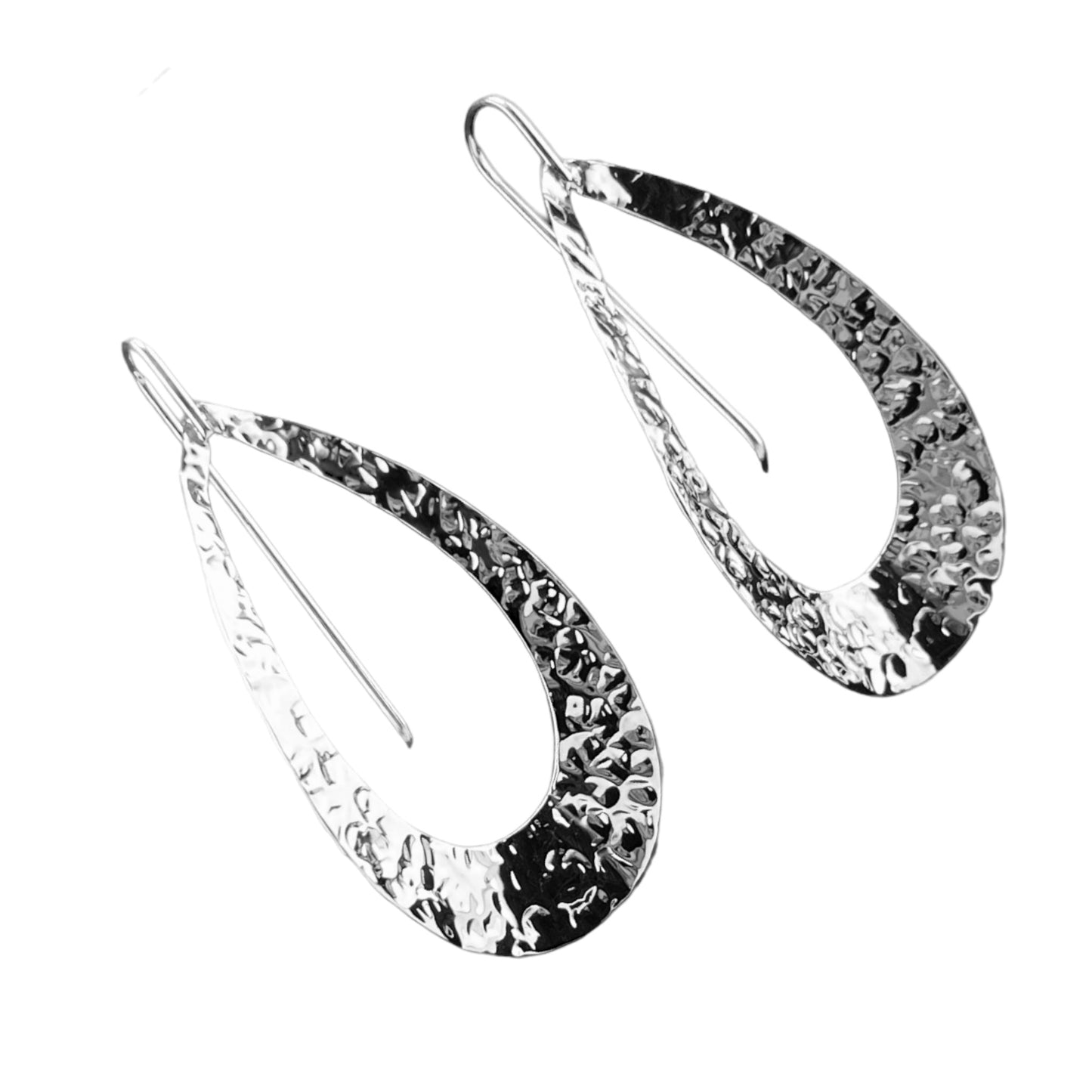 Sterling Silver .925 HOOK Earrings 23mmx56mm Cupped elongated Hammered with open center