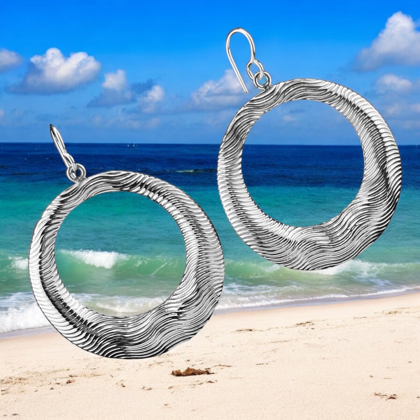 Sterling Silver .925 HOOK HOOP Earrings 43mm wave pattern box structure