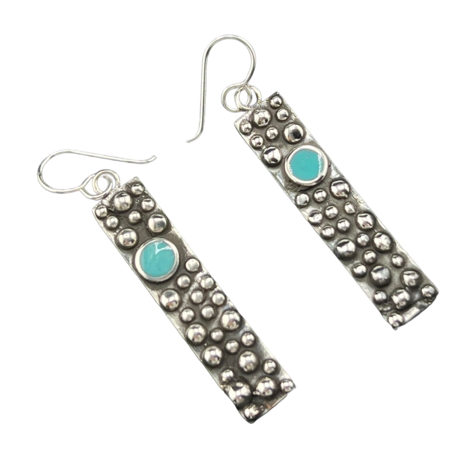 Sterling Silver .925 HOOK Earrings 9mmx50mm Rectangular with balls and turquoise