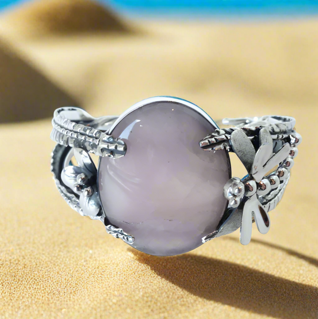 Rose Quartz encaded with Leaf Dragonfly 925 Silver Bracelet