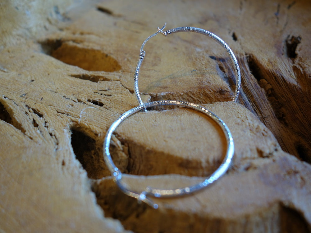Handcrafted solid sterling .925 silver 41cm Diamond Cut Solid Silver  HOOP Earrings from Taxco, Mexico