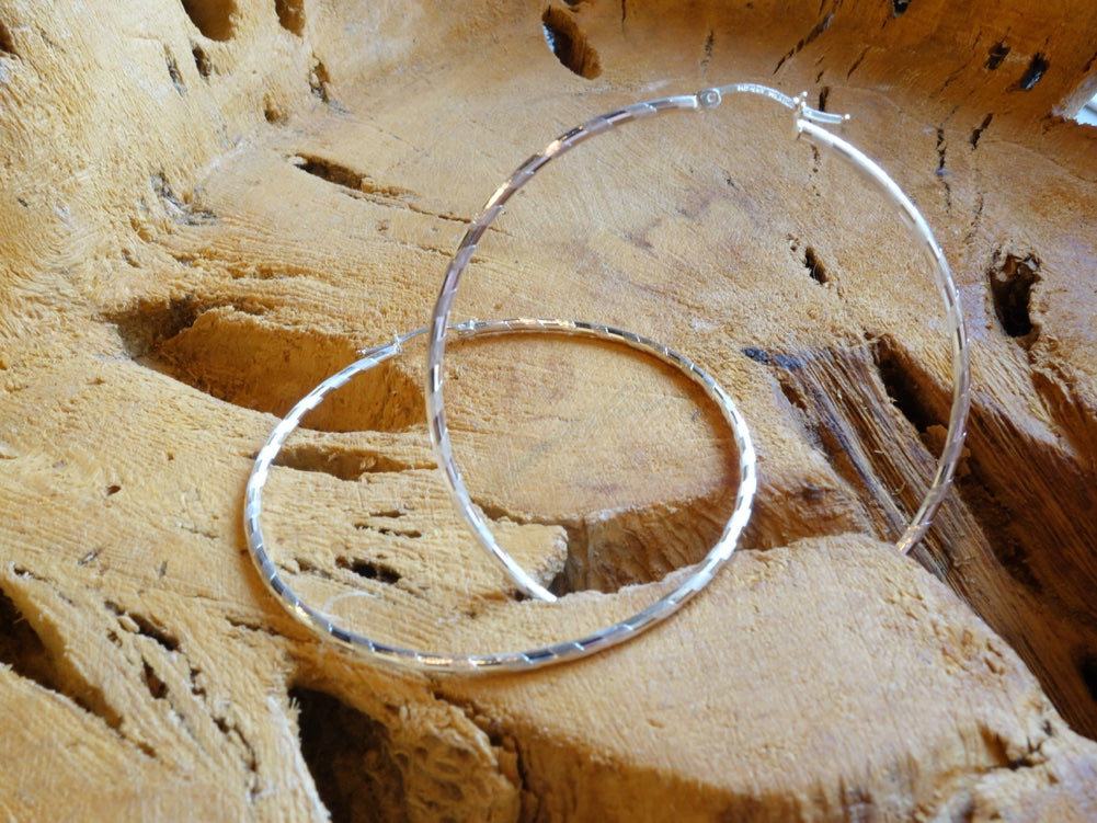 Handcrafted solid sterling .925 silver 60cm Diamond Cut Solid Silver  HOOP Earrings from Taxco, Mexico