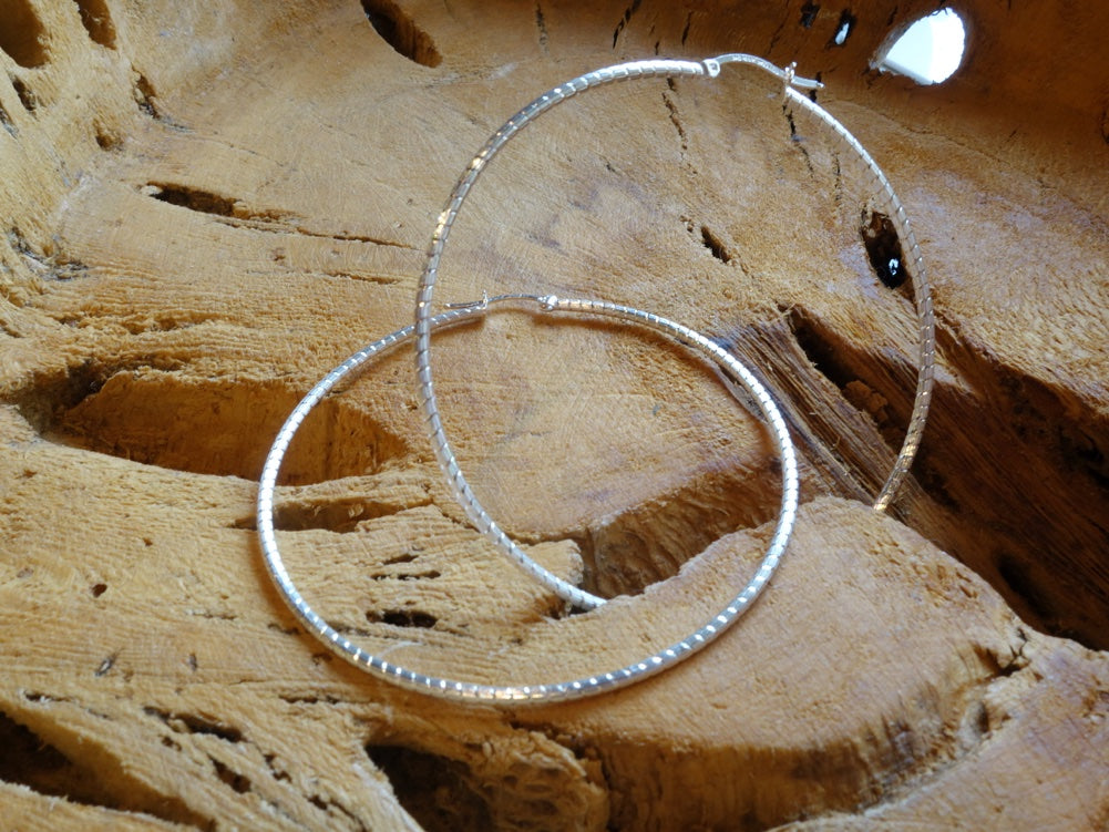 Handcrafted solid sterling .925 silver 70cm Diamond Cut Solid Silver  HOOP Earrings from Taxco, Mexico
