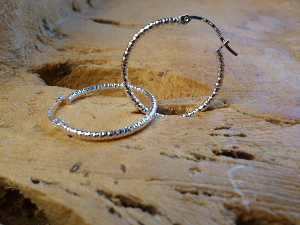 Handcrafted solid sterling .925 silver 25cm Diamond Cut Solid Silver  HOOP Earrings from Taxco, Mexico