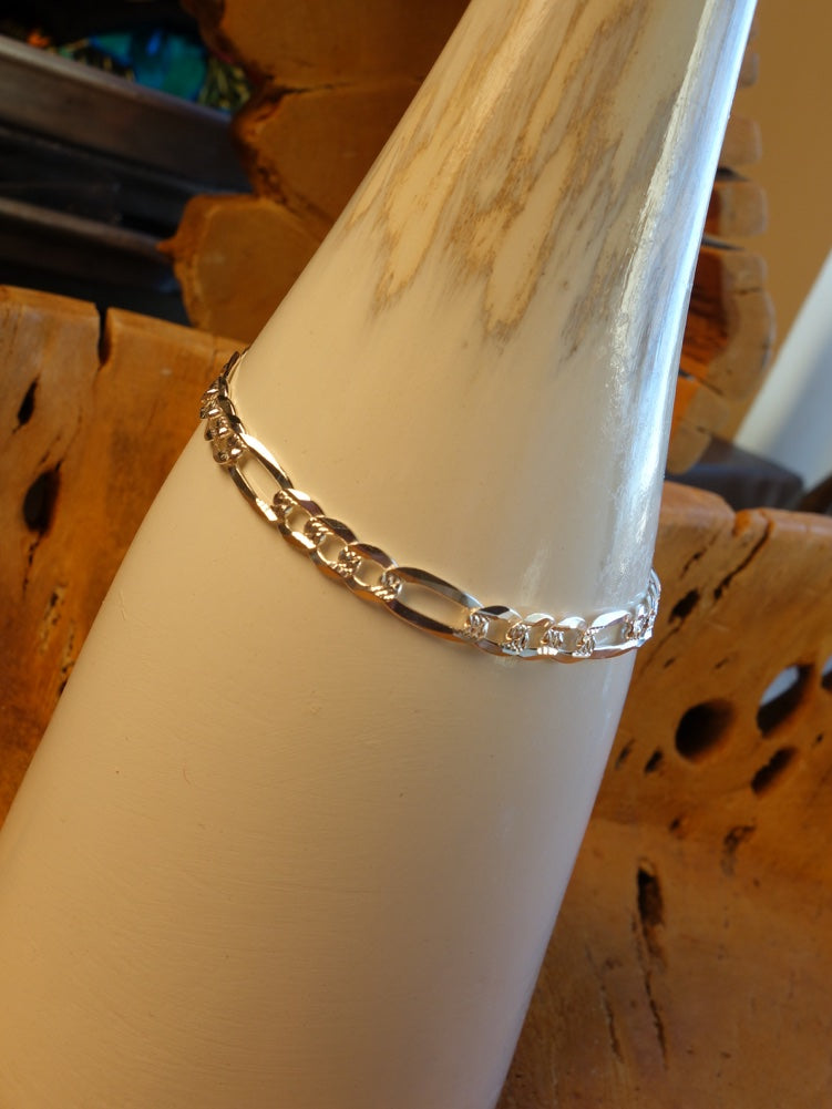 Handcrafted solid sterling .925 silver 8 Inch Figaro Silver Bracelet from Taxco, Mexico